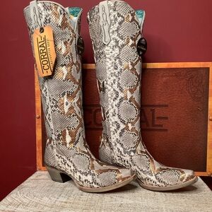 Corral Python Snake Skin Hand Painted Gold Accents Tall Top Western Boots 2”Heel